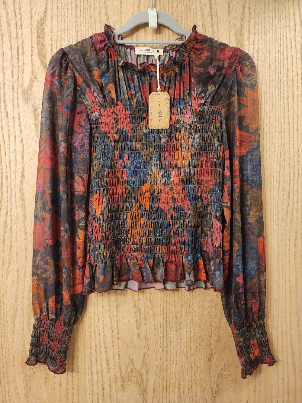 NATURAL LIFE Multicolor Floral Smocked Long-Sleeve Blouse.  Super Soft! NWT